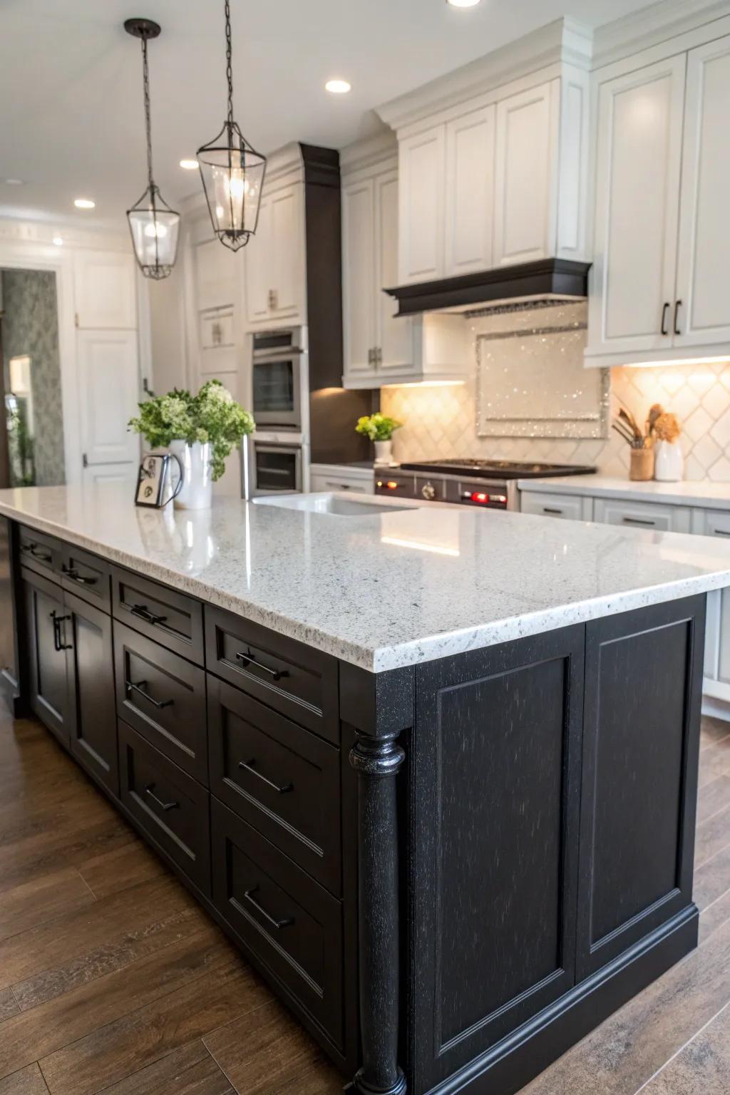 A contrasting island with a dark base and bright quartz top.