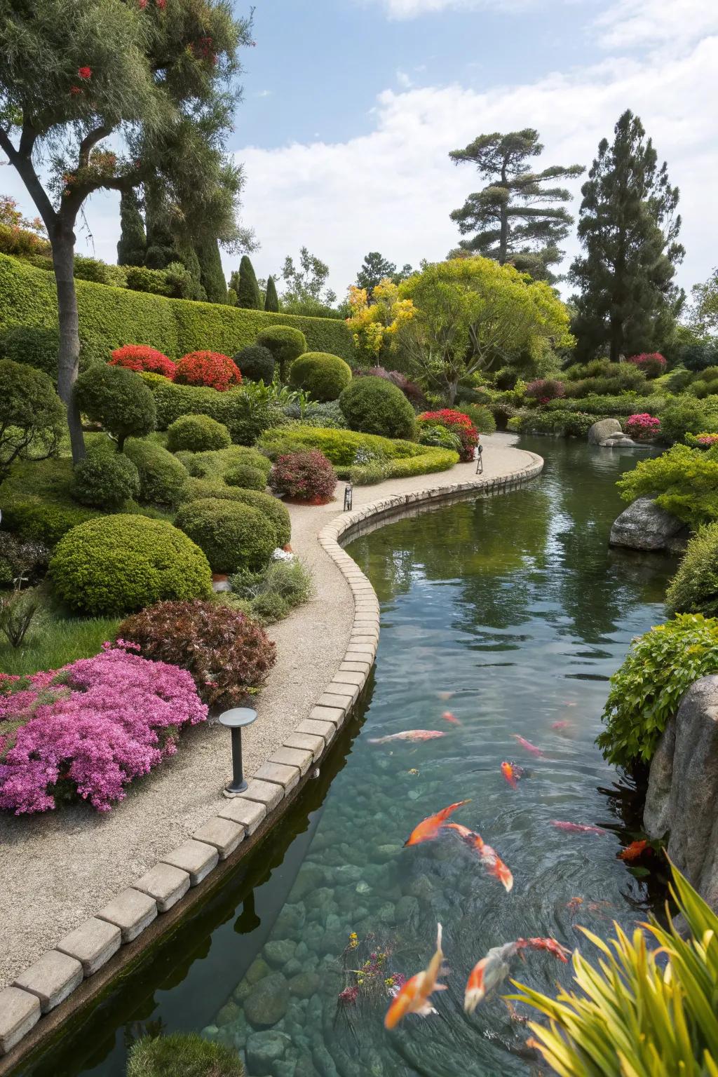 A vibrant burst of nature encircles this koi pond.