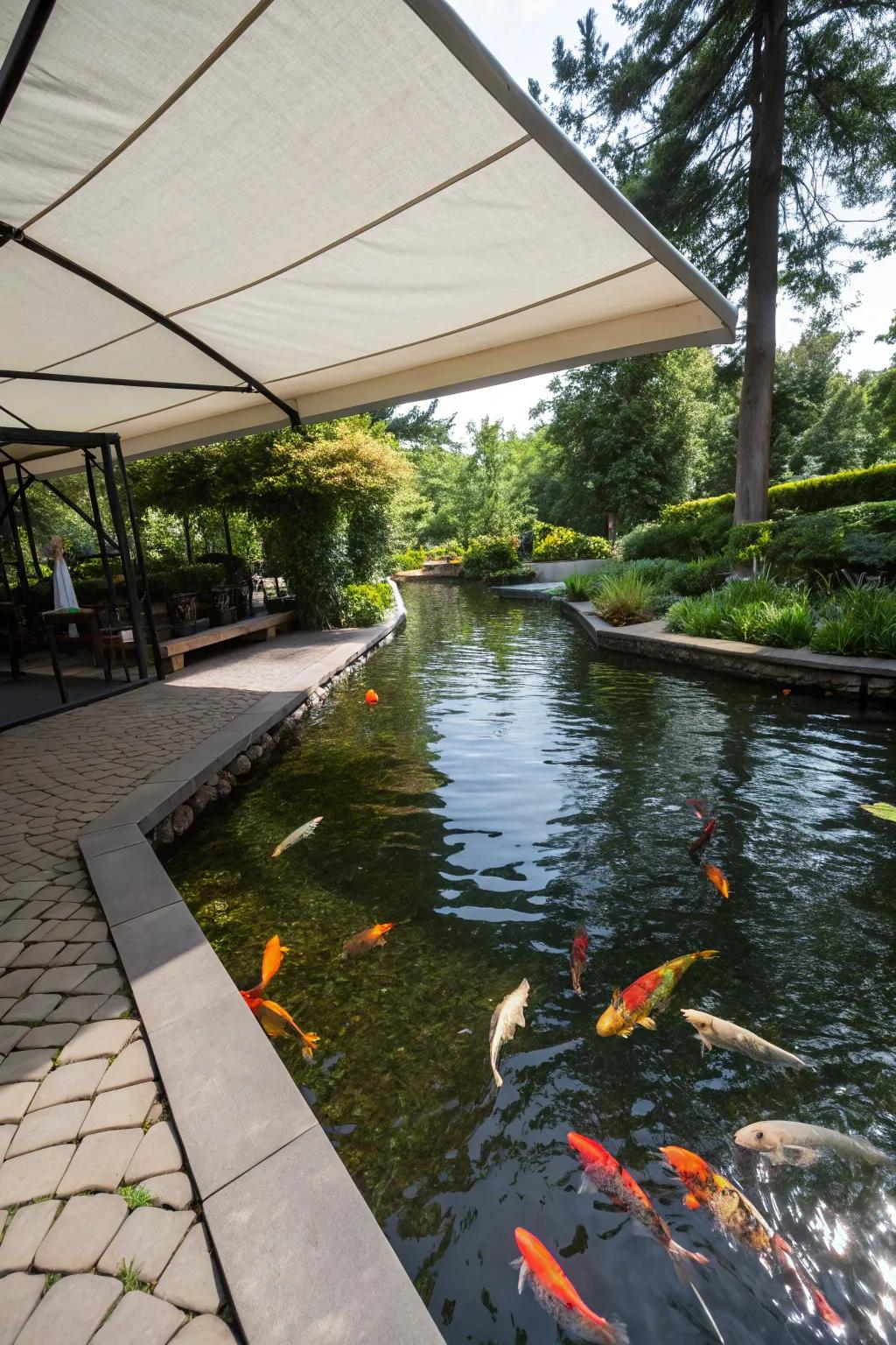 A koi pond with a retractable canopy offering adjustable shade.