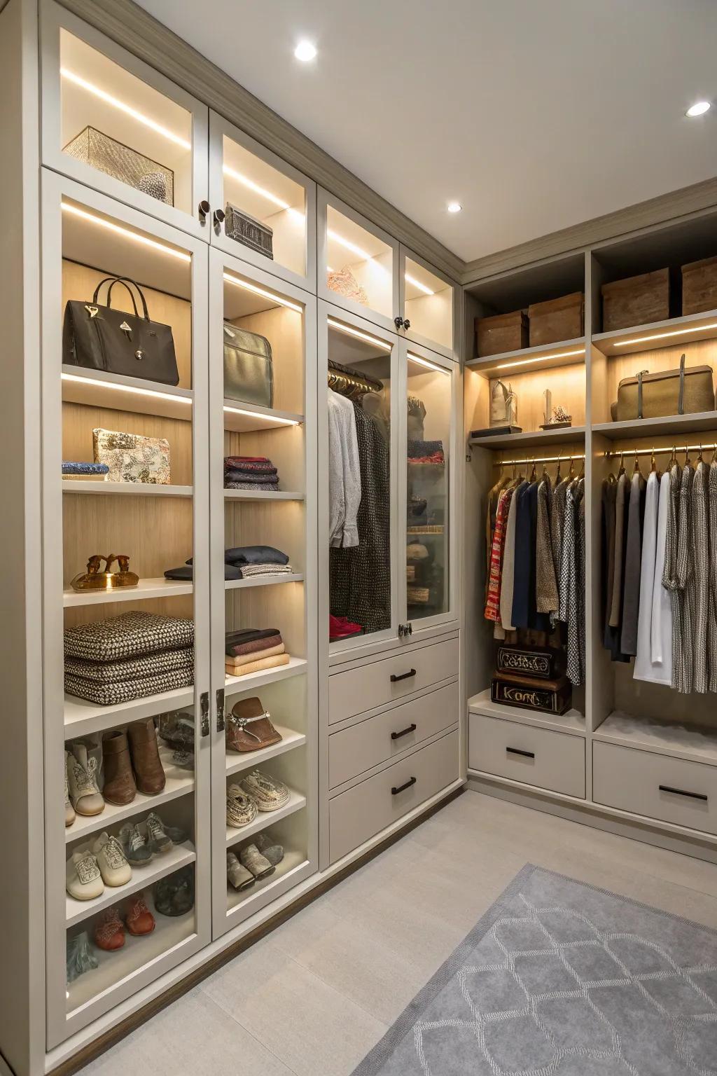 Mix both open and concealed storage options for a closet that’s both organized and stylish.