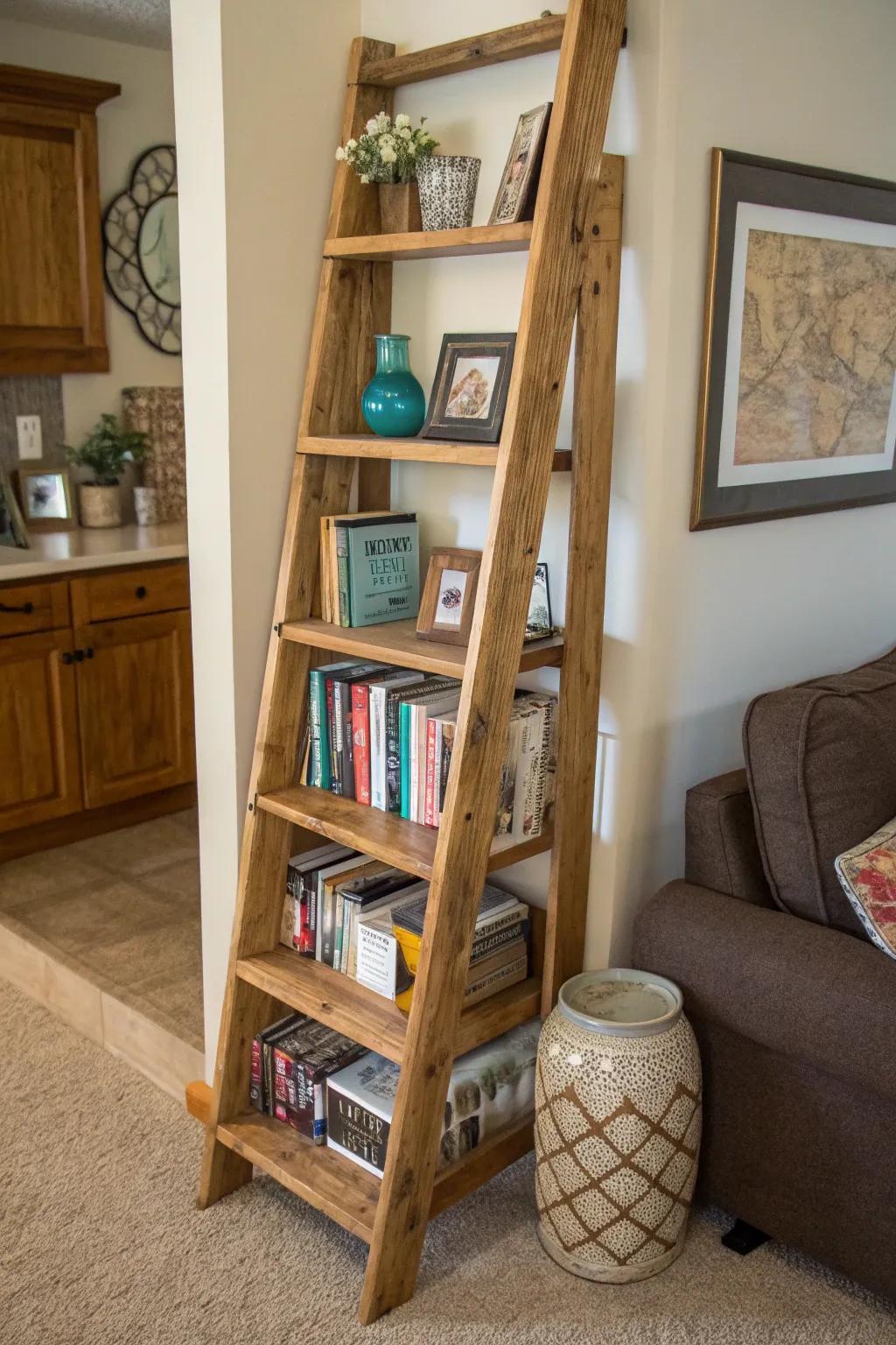 Charming ladder bookshelf filled with books