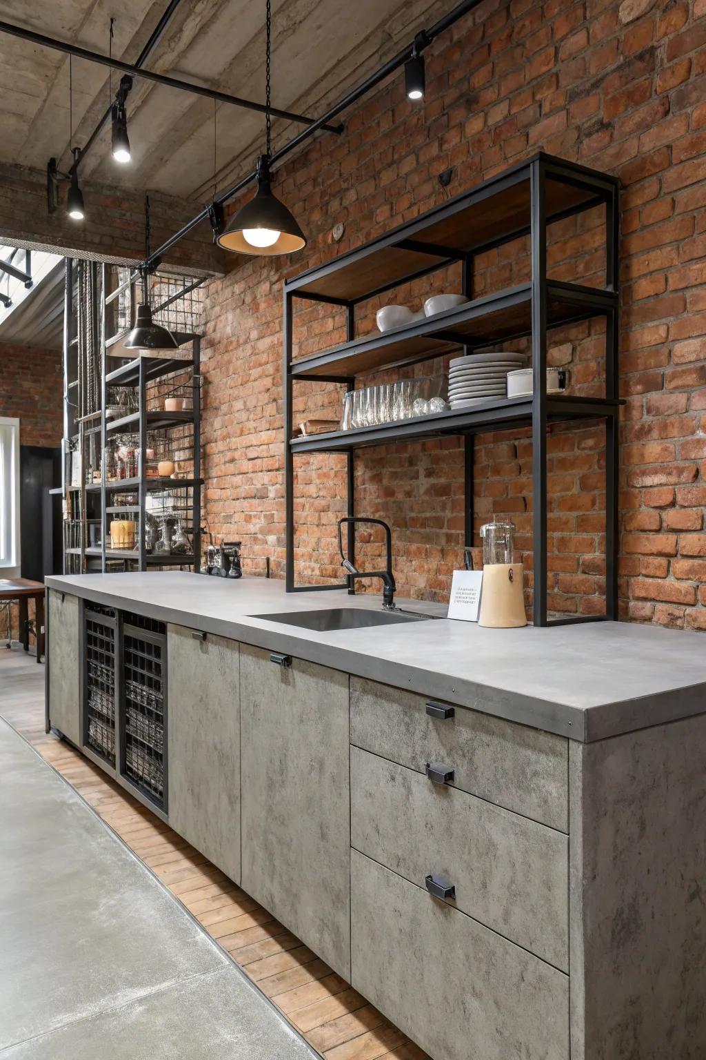 Concrete-look synthetic stone fosters a contemporary, industrial cooking space ambiance.