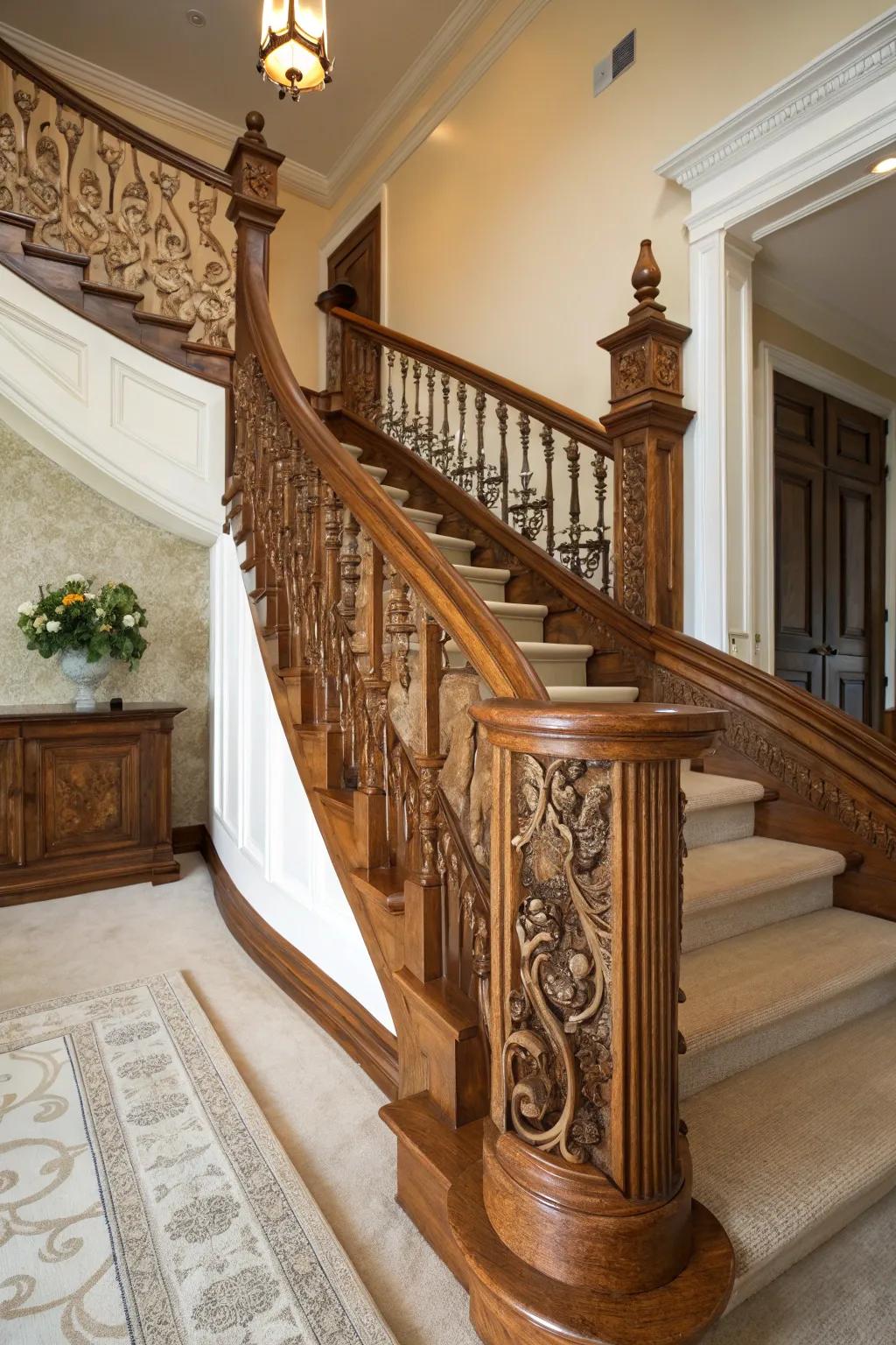 Timeless wooden railing showcasing elaborate carvings.