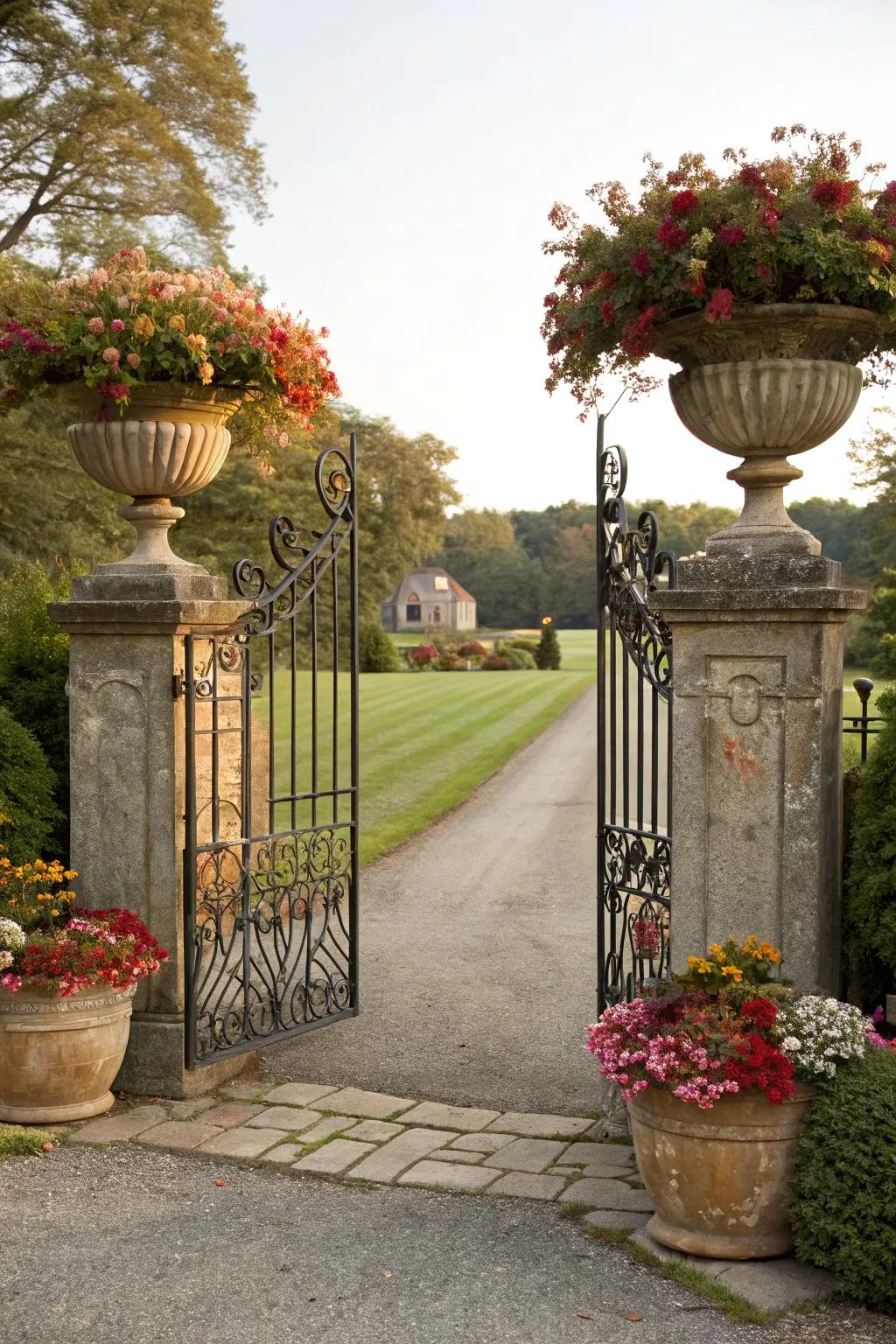 A distinguished entrance featuring a decorative gate and flourishing planters.