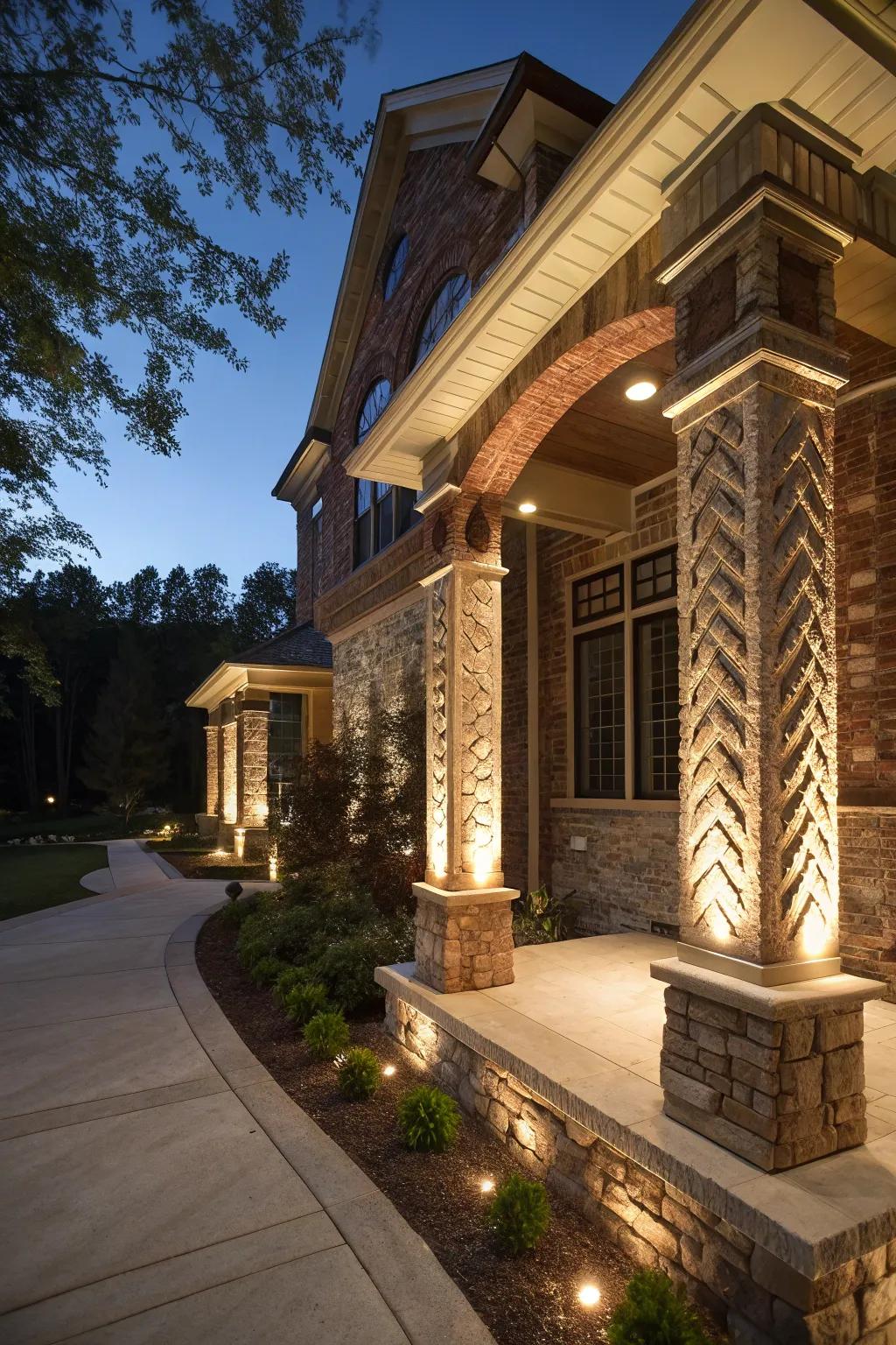 Accent lights breathe life into architectural details as darkness descends.