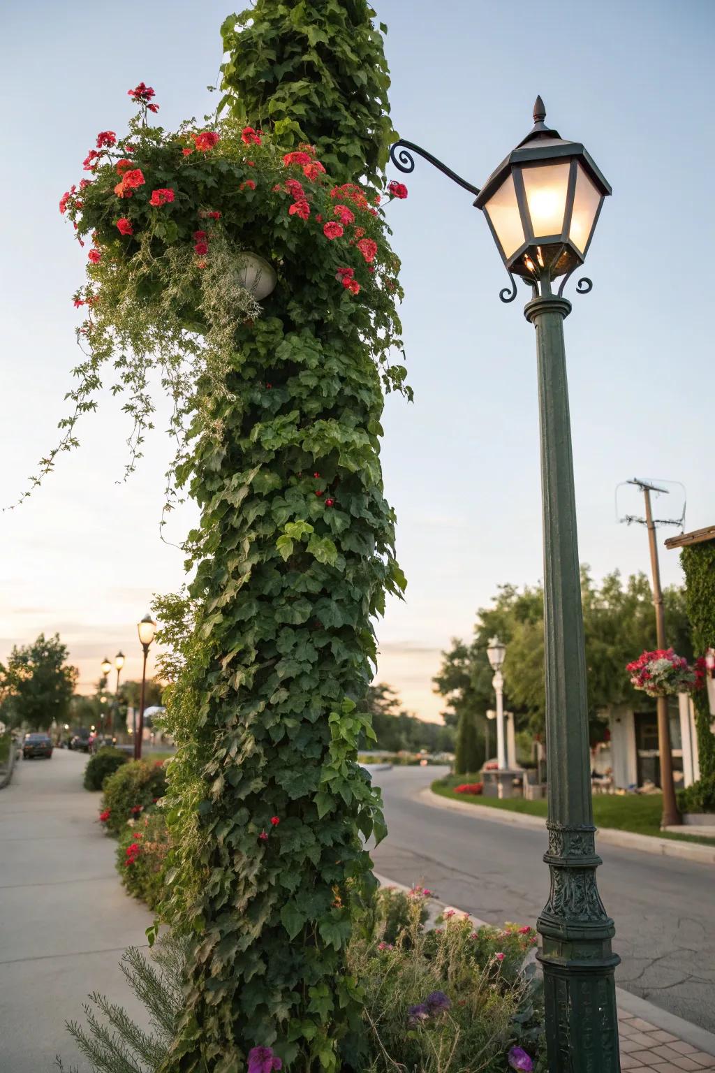 Ascending vines contributing a touch of wild beauty to a standing light.