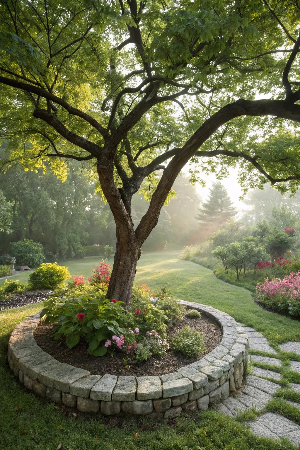 Borders crafted from stone contribute sophistication and definition to the base of trees.