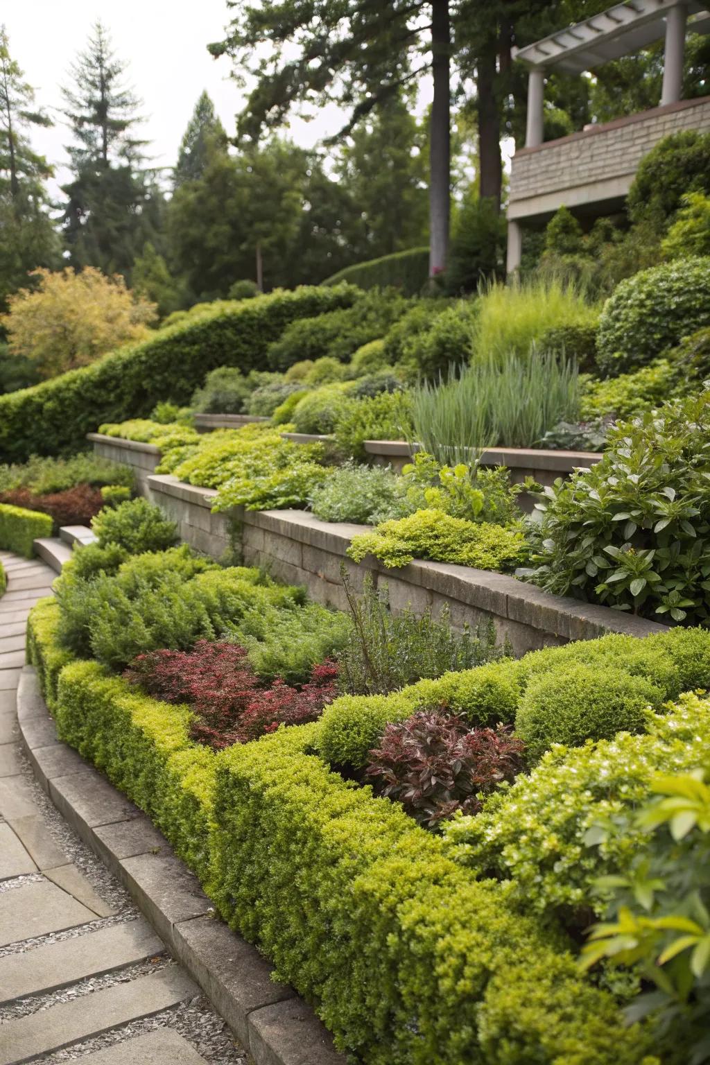 A layered garden bed displaying a variety of plant heights to enhance depth.