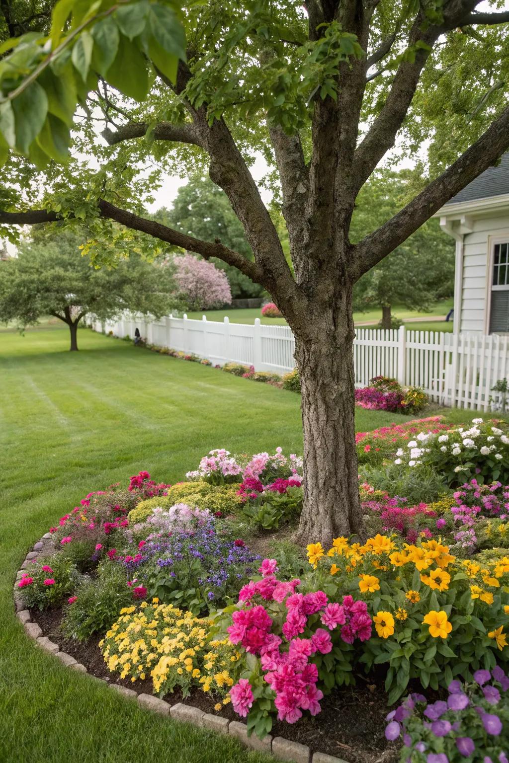 A tree encircled by a lively flower bed, infusing a burst of color into the landscape.
