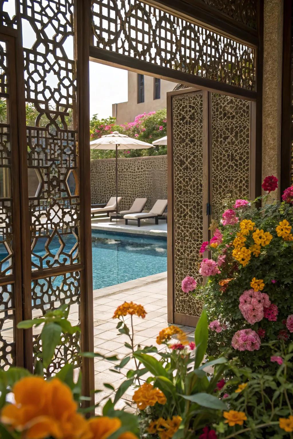 Decorative screens offer a fashionable means to conceal pool equipment, adding visual appeal.