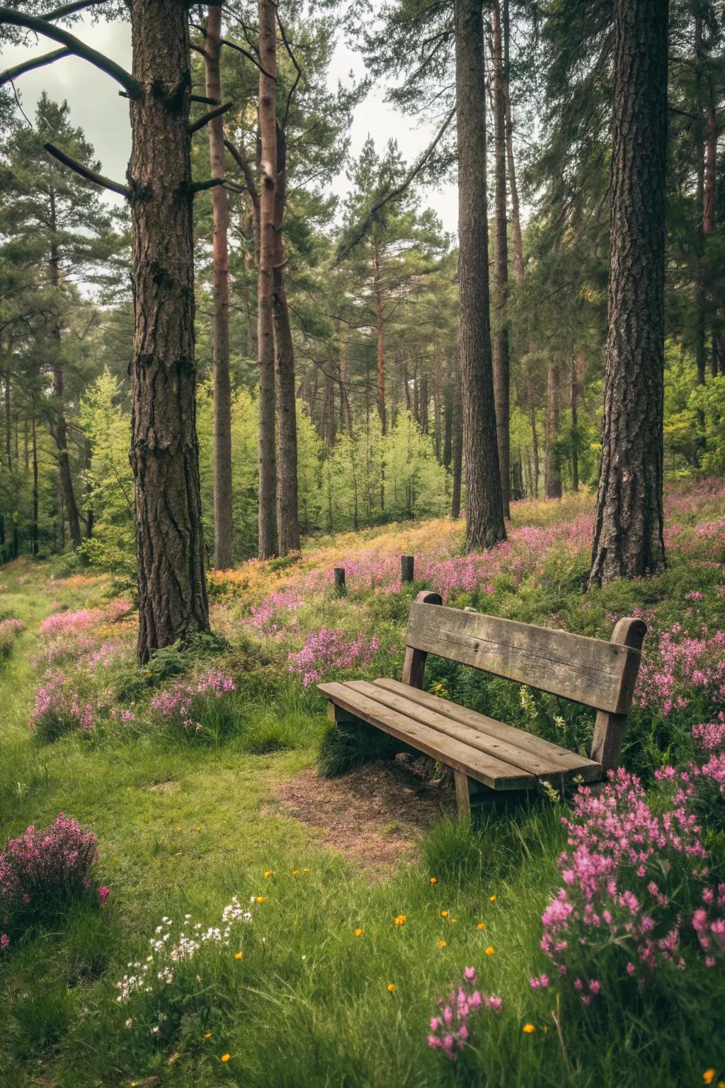 A delightful bench set in a woodland clearing, perfect for unwinding.