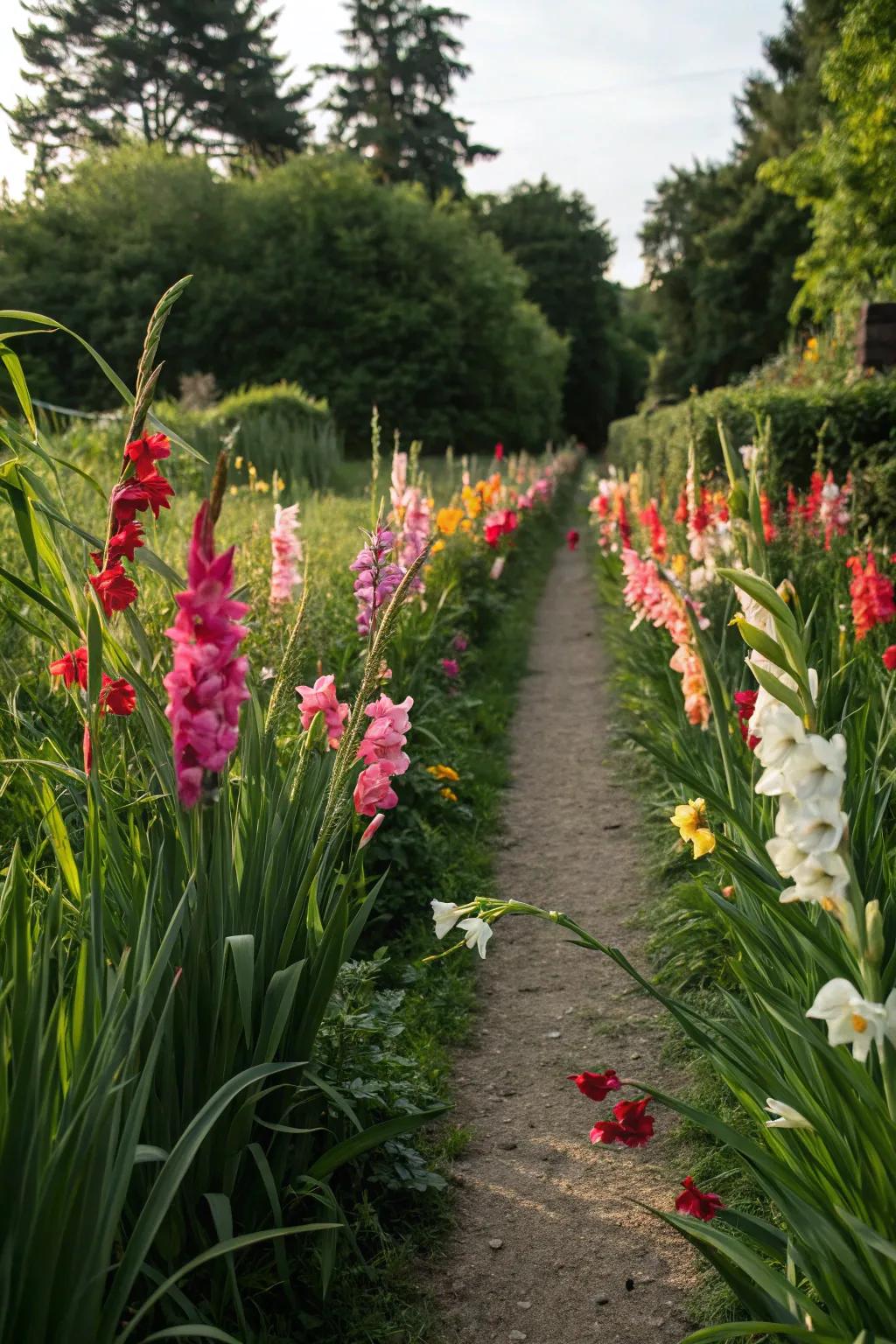 Sword lilies gracefully defining a garden path with their vibrant hues.