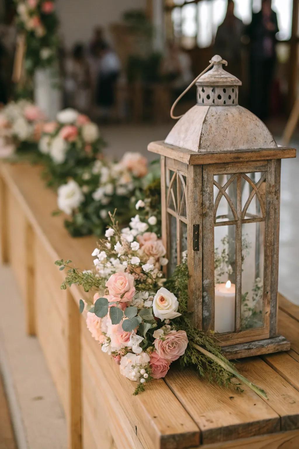 A rustic lantern beautifully adorned with blossoms.