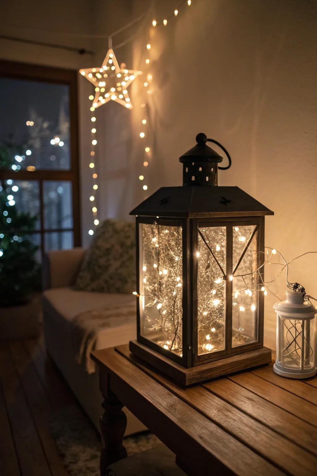 Twinkle lights housed in lanterns conjure a magical environment.