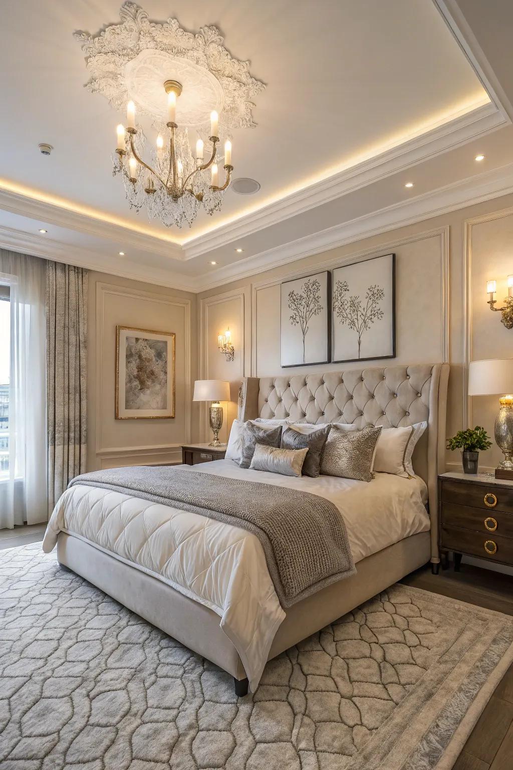 An elegant boudoir showcasing ample trim outline, fashioning a tranquil and stylish ambiance.