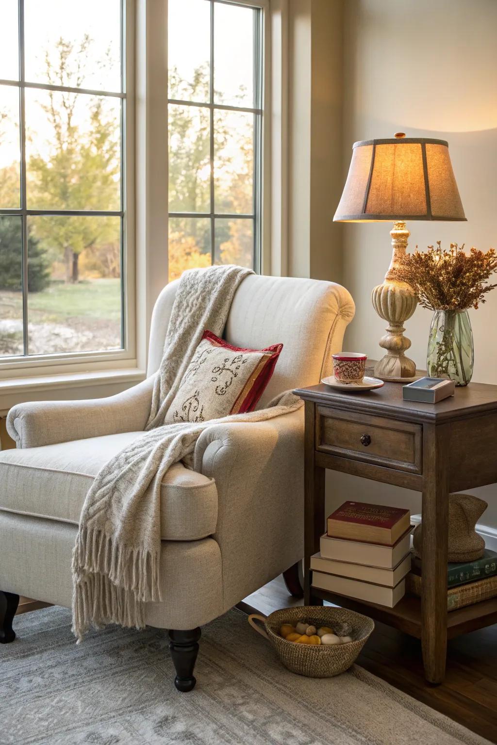 A placid reading corner adjacent to the window, ideally suited for unwinding during the afternoon.