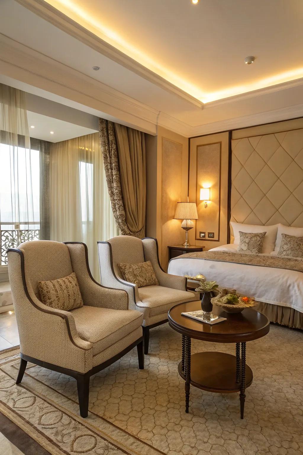 A comfortable sitting corner brings warmth and utility to the bedroom.