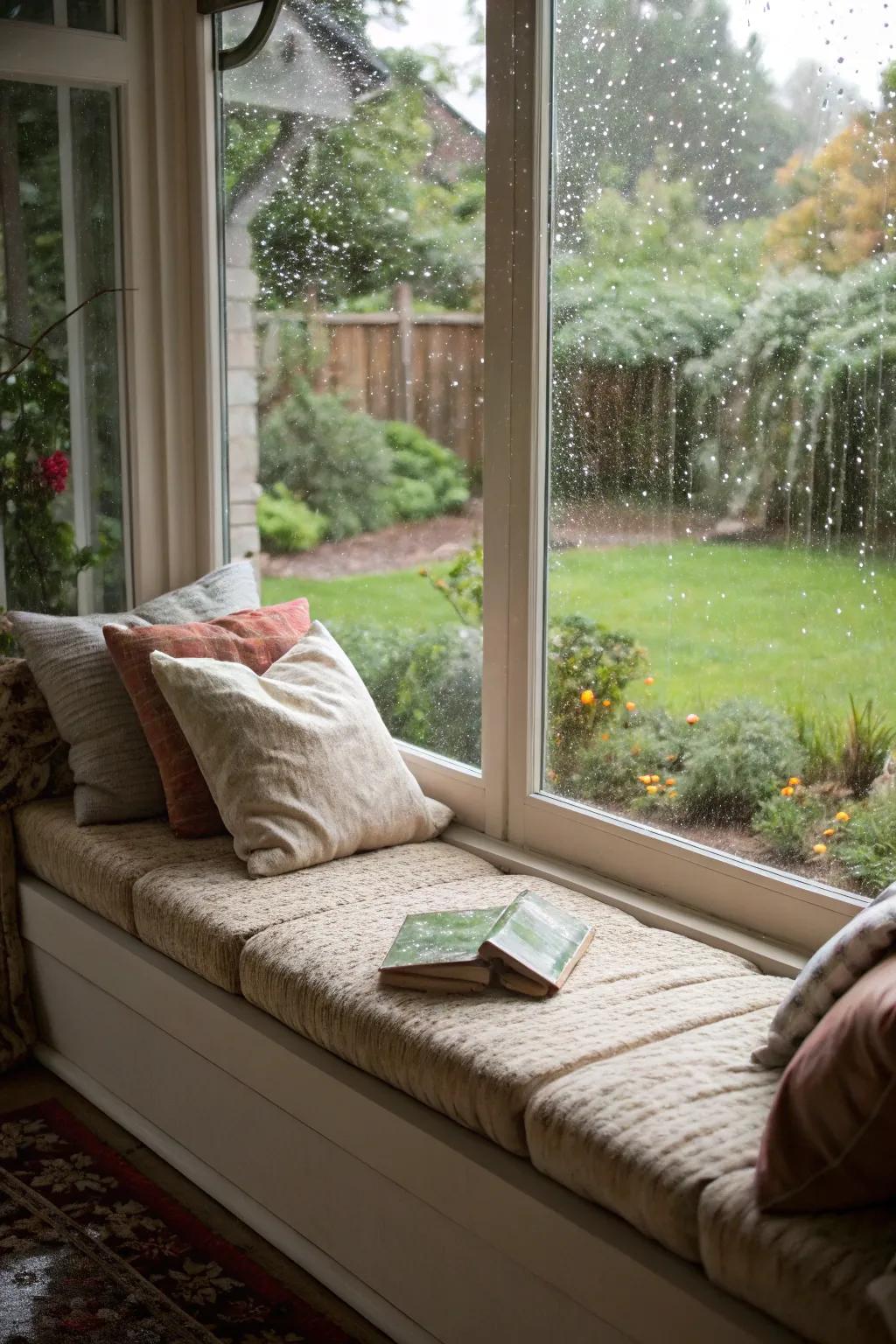 A comfortable window bench ideal for reading and unwinding.