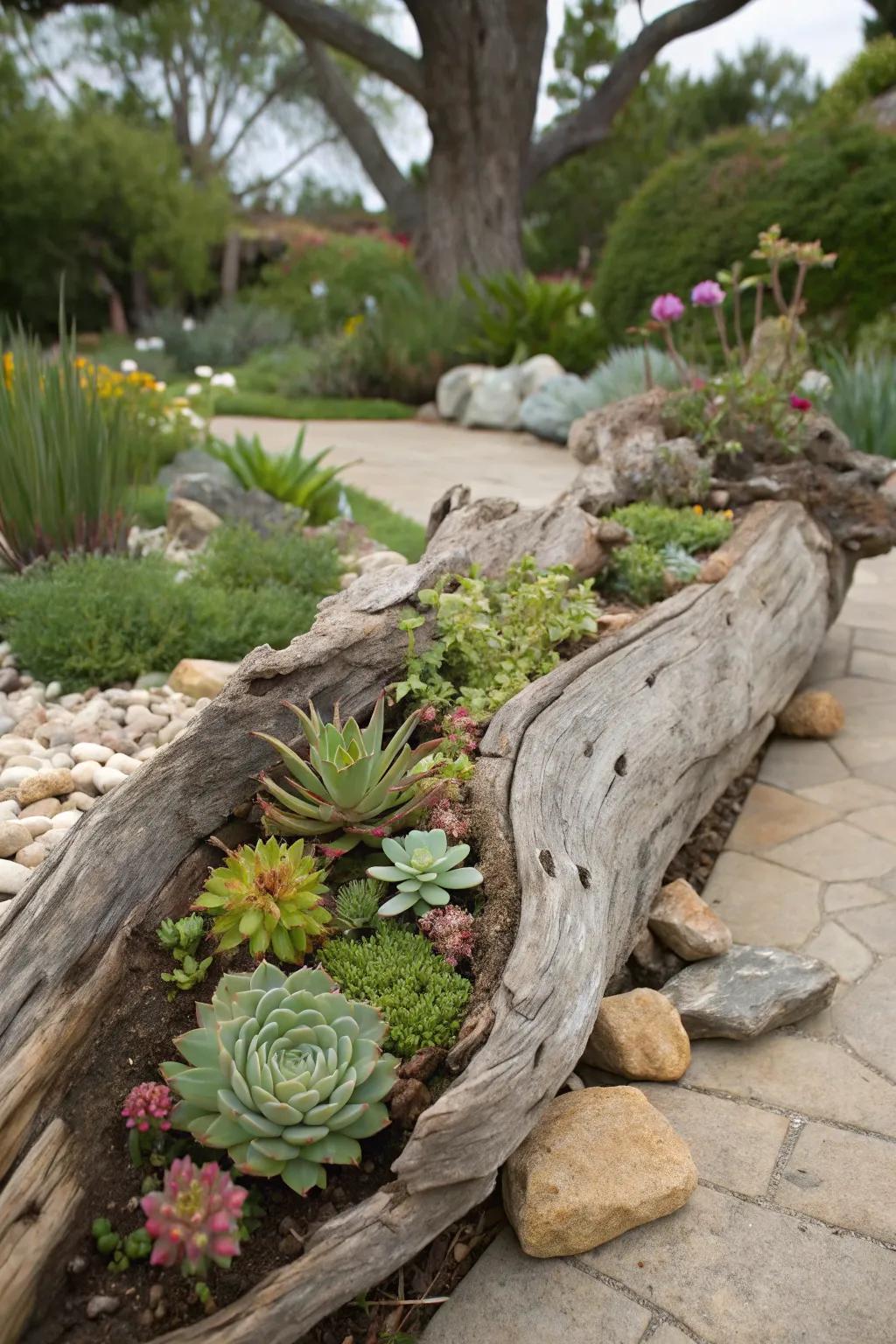 Driftwood transformed into a natural succulent display.