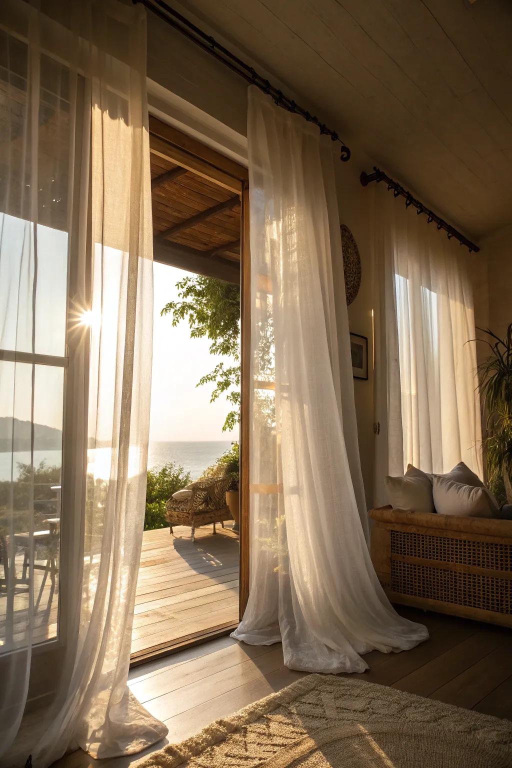 Sheer curtains create a light and airy atmosphere.