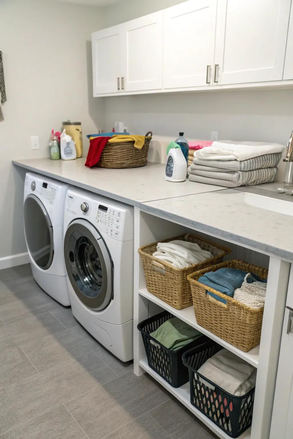 An exclusive folding station greatly enhances the efficiency of laundry chores.