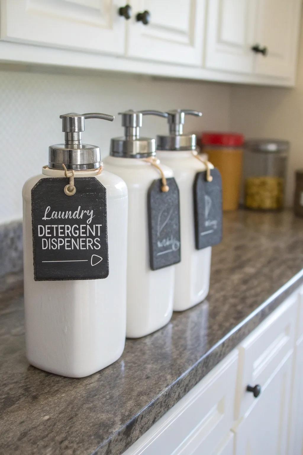 Blackboard labels provide a personalized element to detergent dispensers.