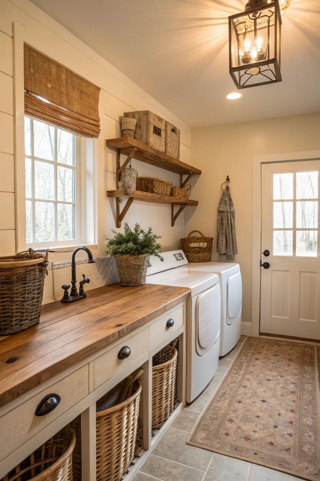 A warm and welcoming laundry area featuring natural wood countertops.