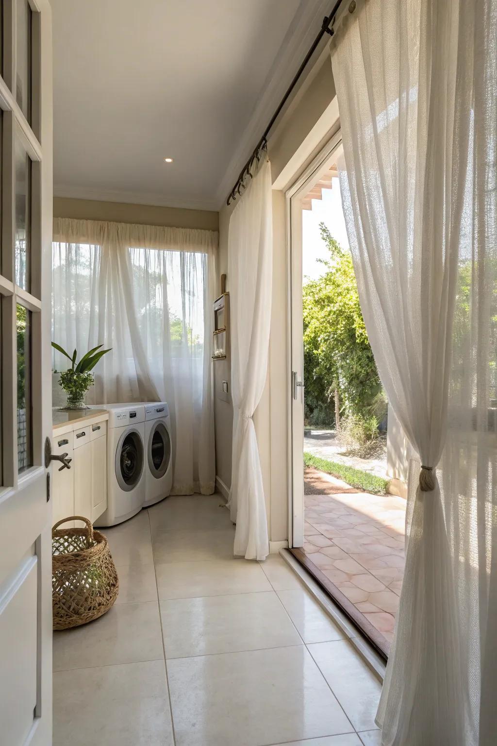 Delicate drapes provide a light and airy impression to any laundry space.