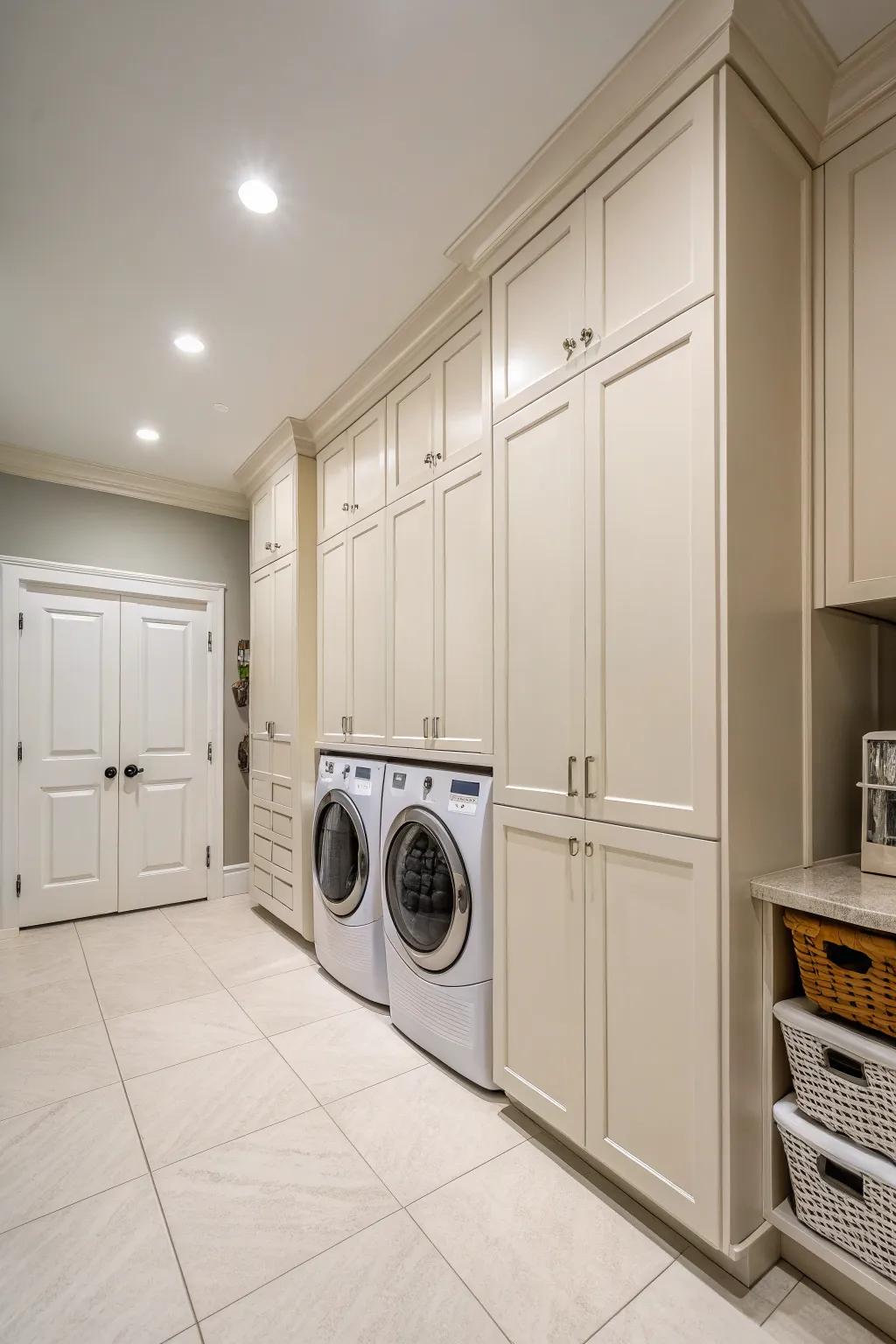 Tall cabinets cleverly maximize vertical space in this chic laundry room.