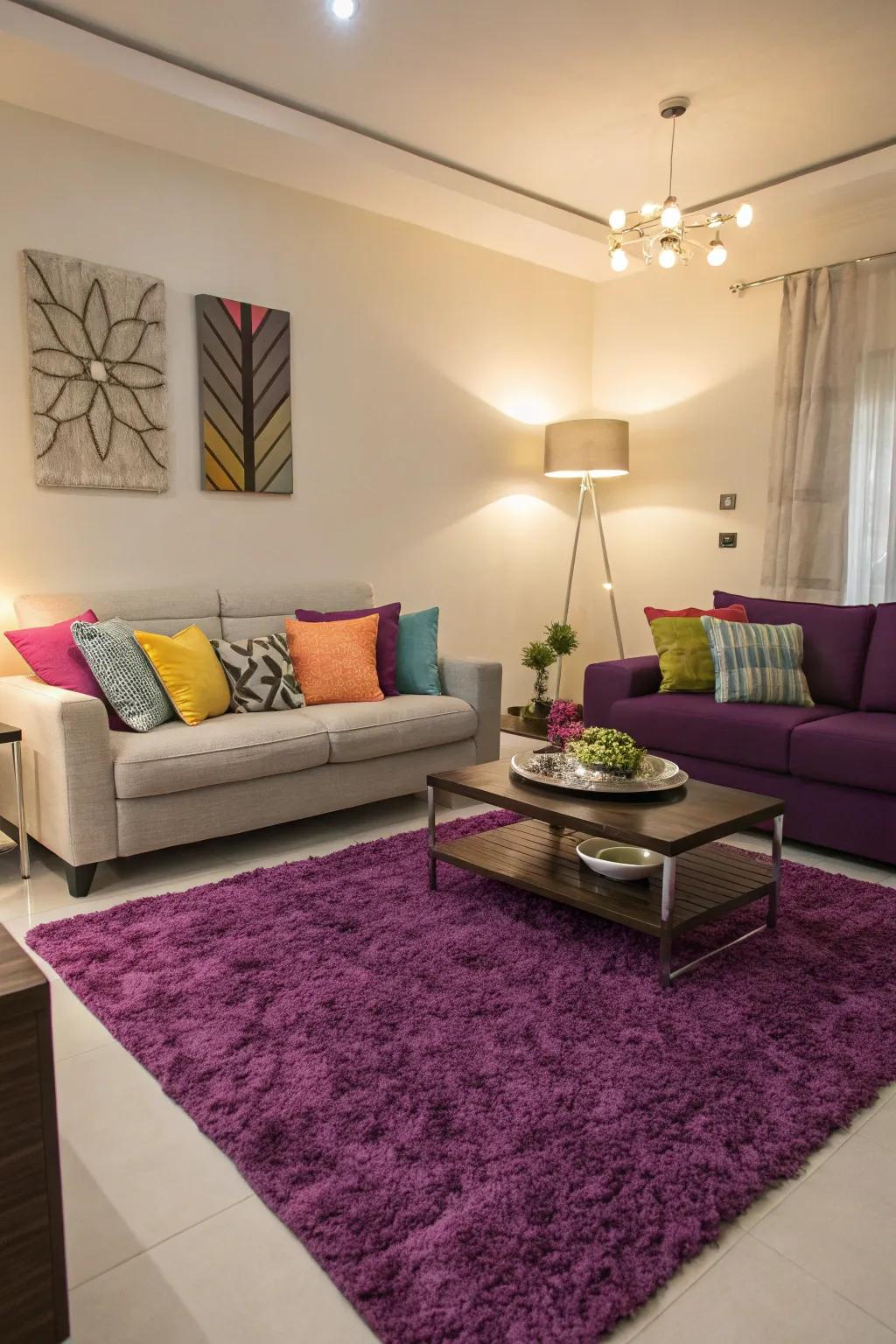 A modern living room with purple accents that enhance the overall aesthetic.