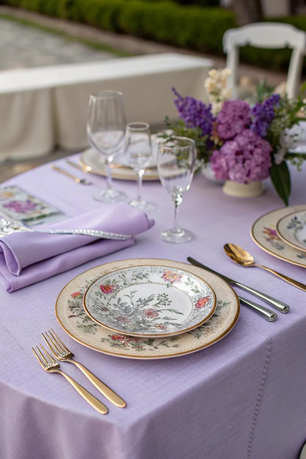 An exquisitely arranged table setting that harmoniously combines amethyst and silver elements.