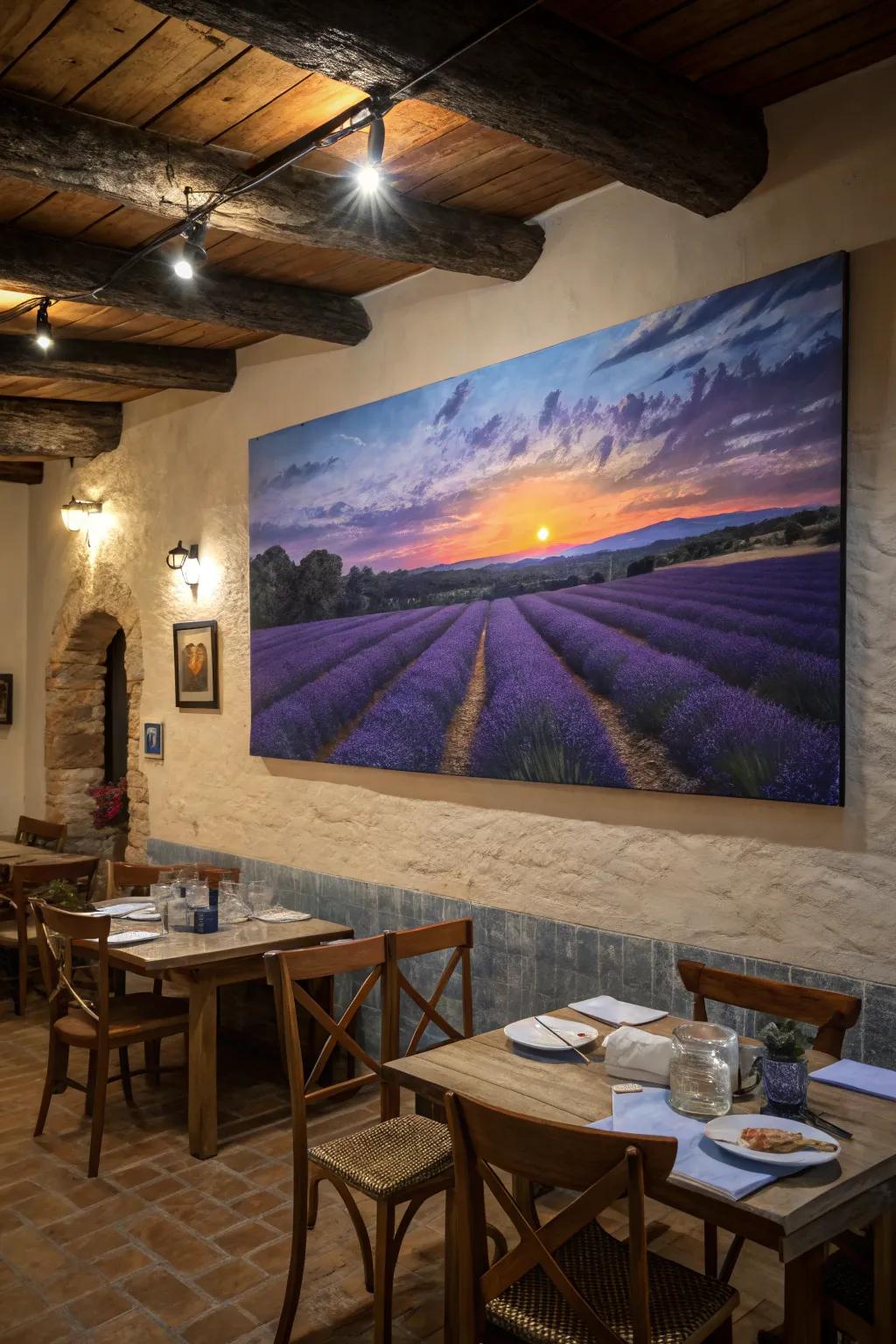 A magical lavender field at dusk, suitable for adding warmth to your dining area.