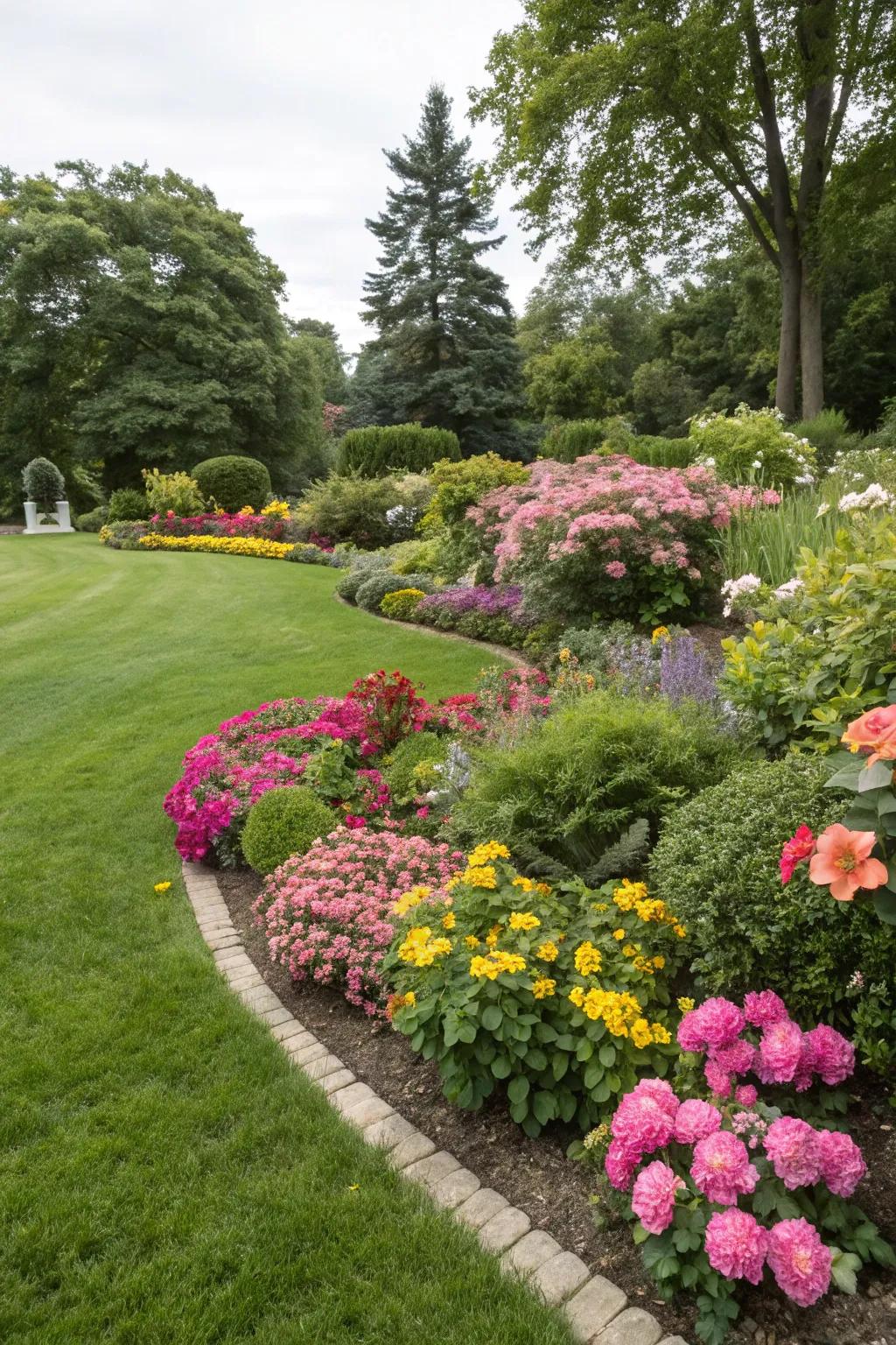 A burst of color from flower beds that beautifully complement the green lawn.