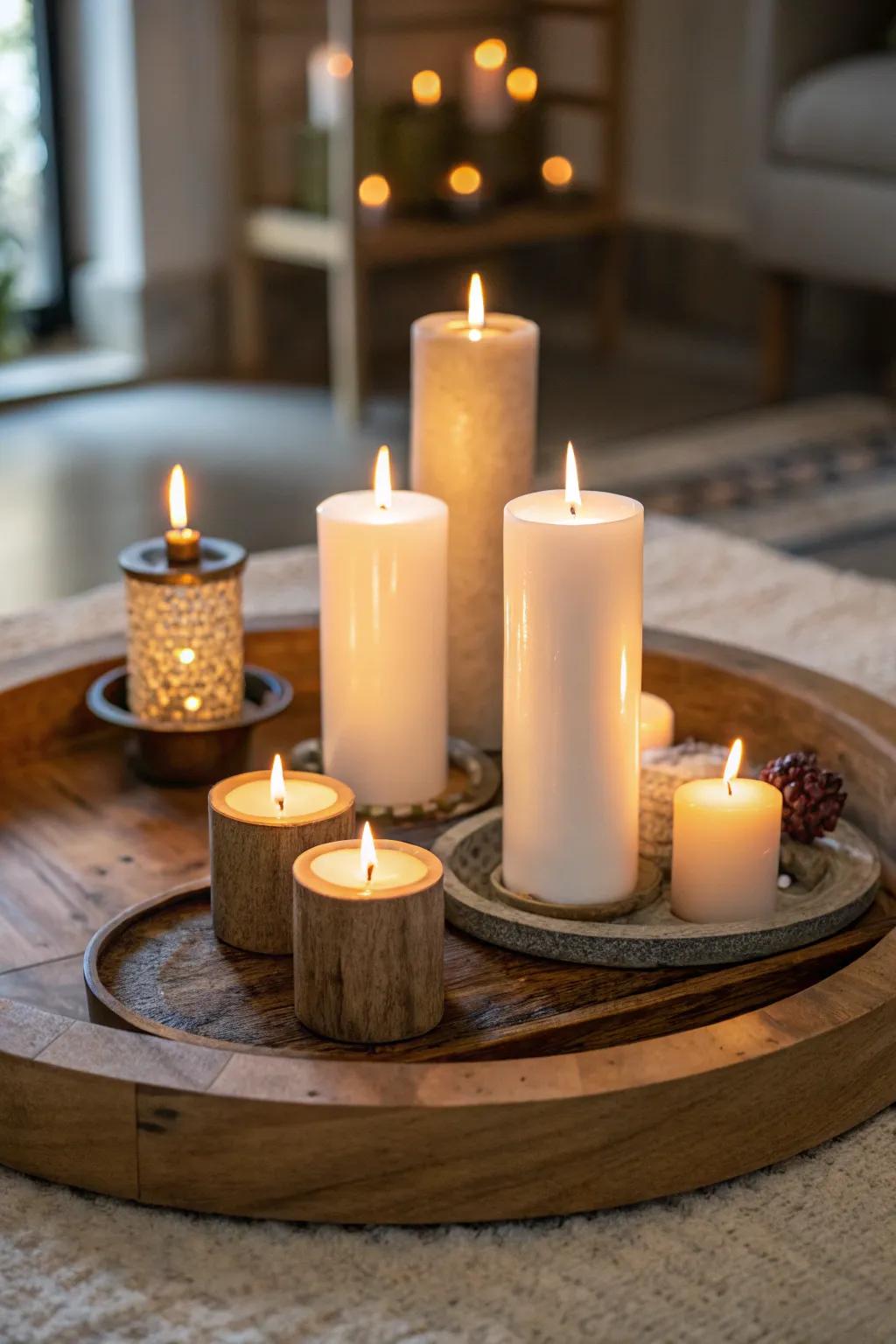 Waxlights positioned on a rotating organizer for a snug and welcoming atmosphere.