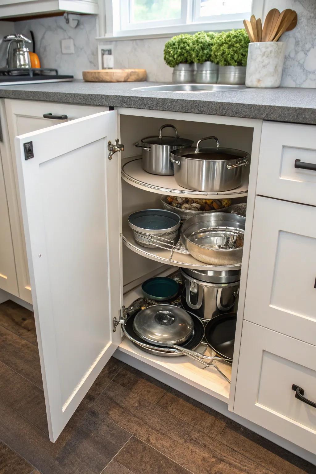 Organize your cabinets today. No more hard to reach pans. 