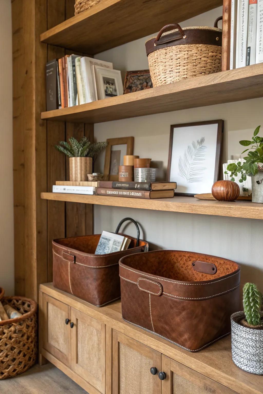 Organize stylishly with leather baskets.