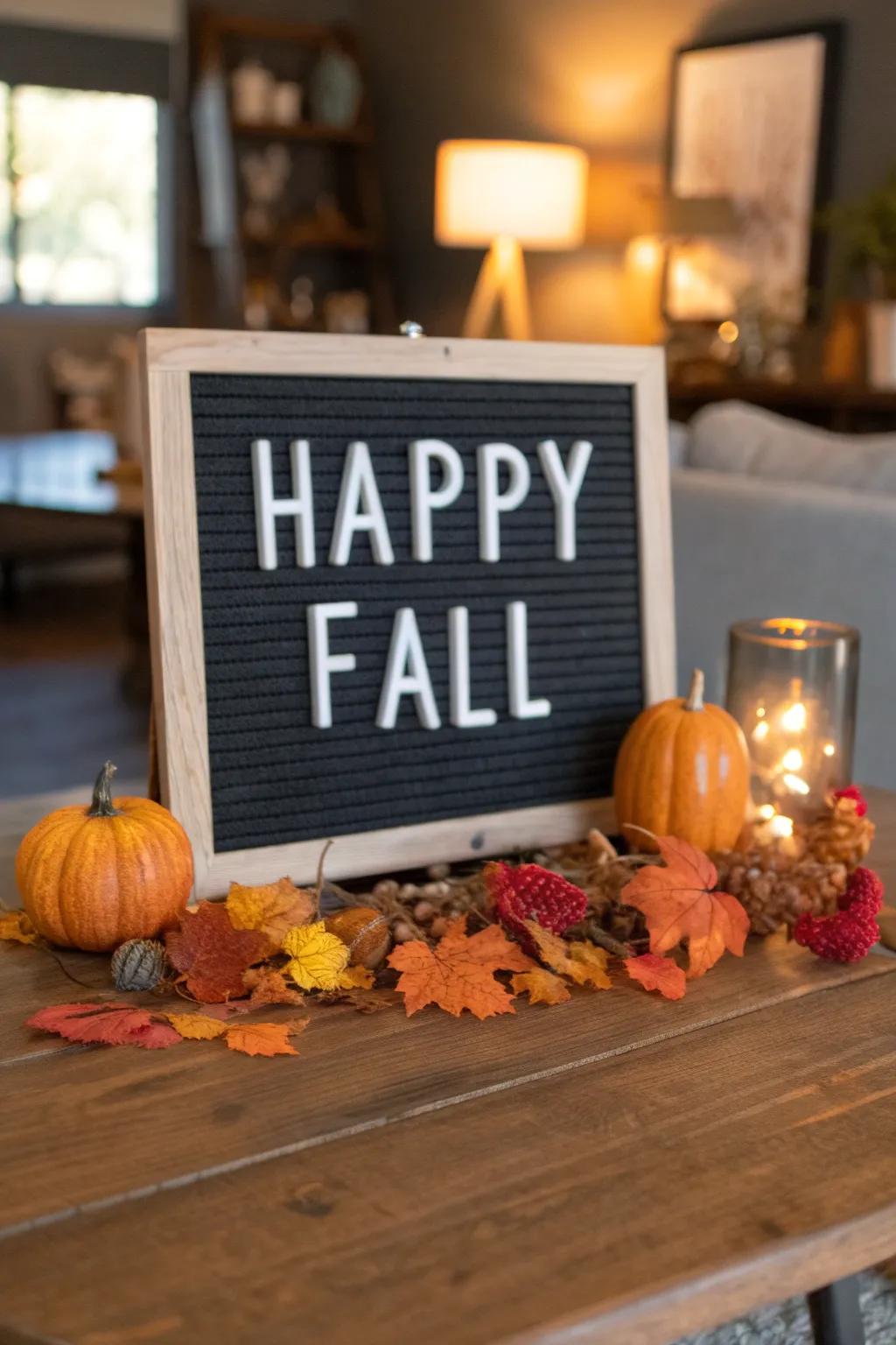 Extending a warm welcome to autumn with an inviting letter board display.
