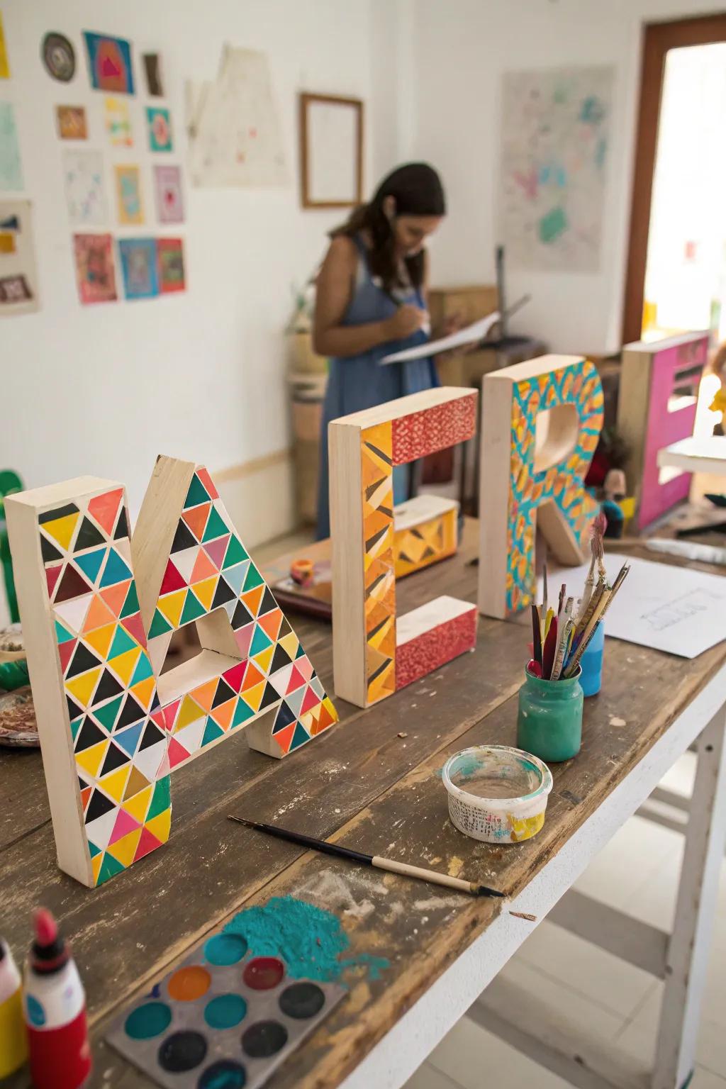 Timber letters adorned with vibrant geometric designs.