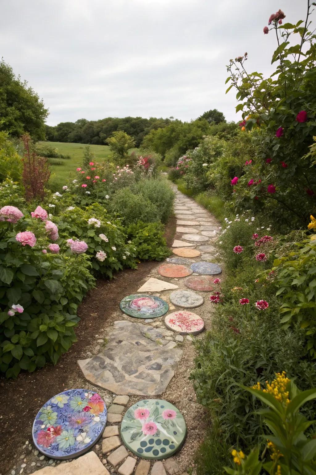 A garden walkway featuring vibrant stepping stones crafted from plate pieces.