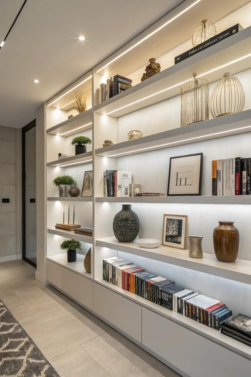 Modern open shelves showcase a blend of books and decorative pieces.