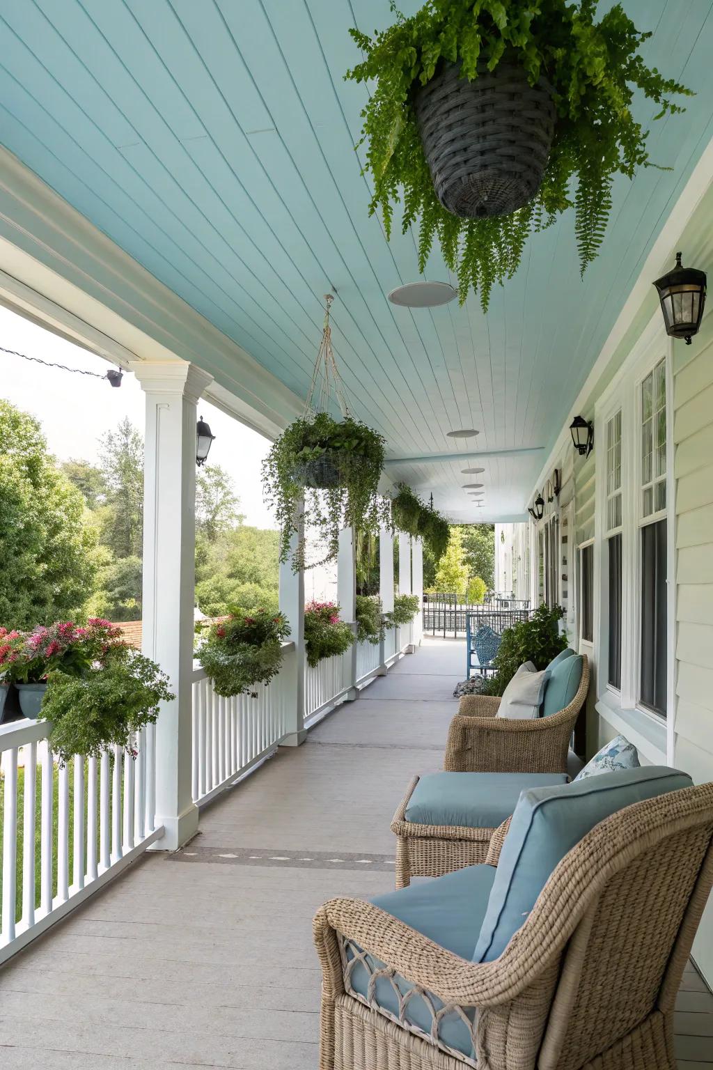 A serene veranda with a light blue ceiling and abundant greenery.