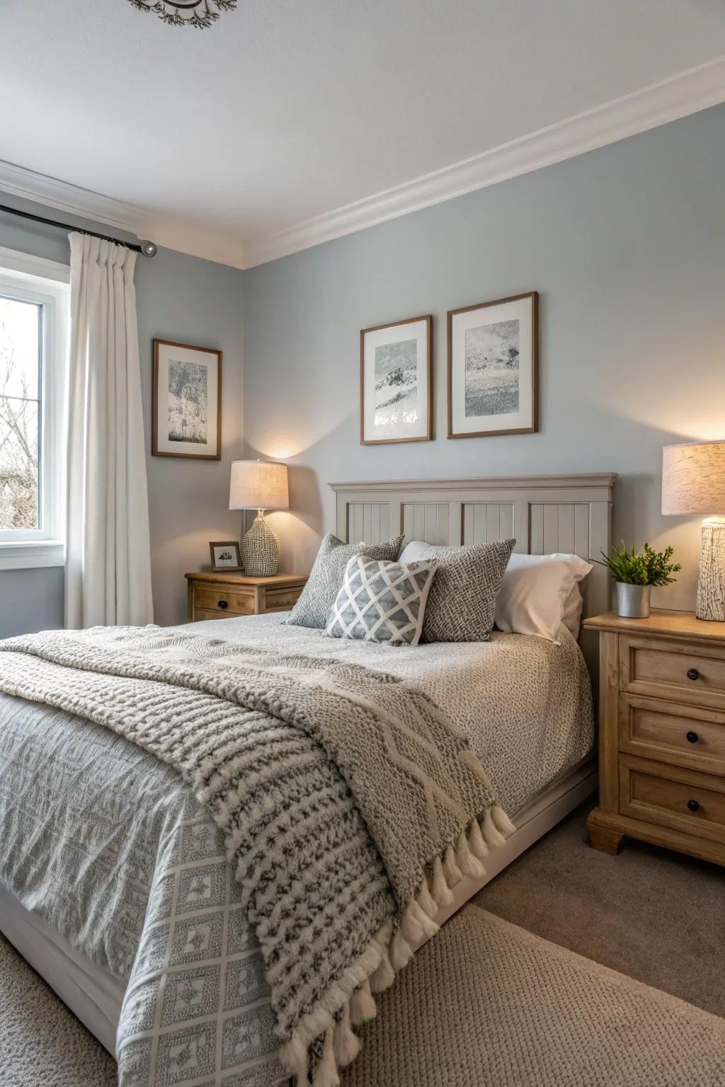 Textured bedding enriches a light grey bedroom with depth.