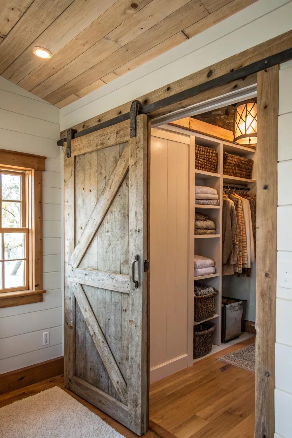 A countryside sliding door infusing charm and practicality into a linen closet.