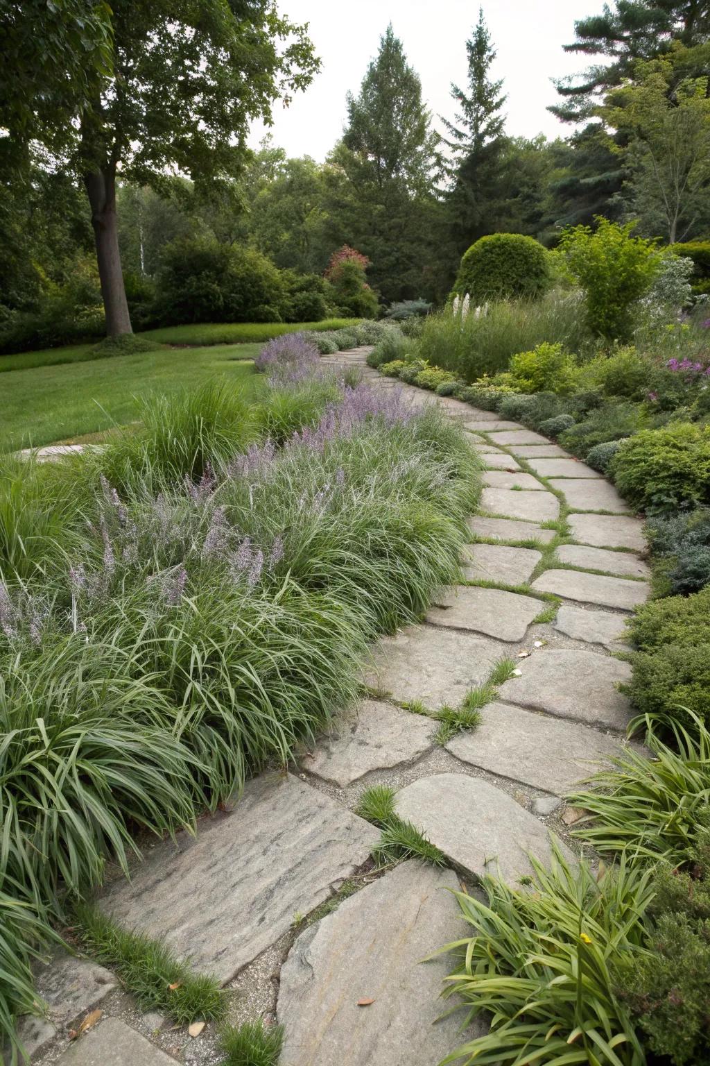 Whispering Grass accents highlighting a peaceful stone pathway.