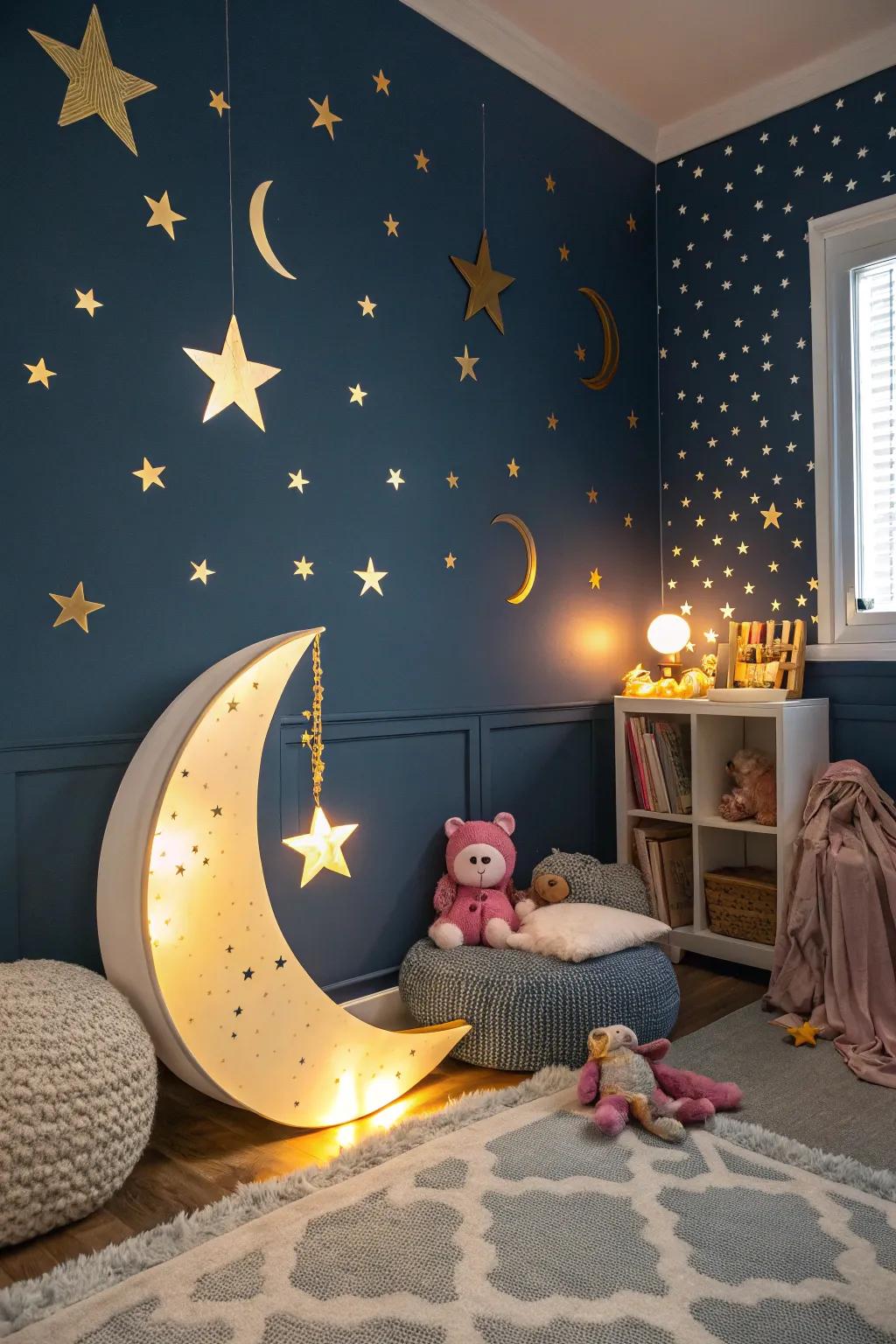An enchanted nightscape theme featuring walls dotted with stars.