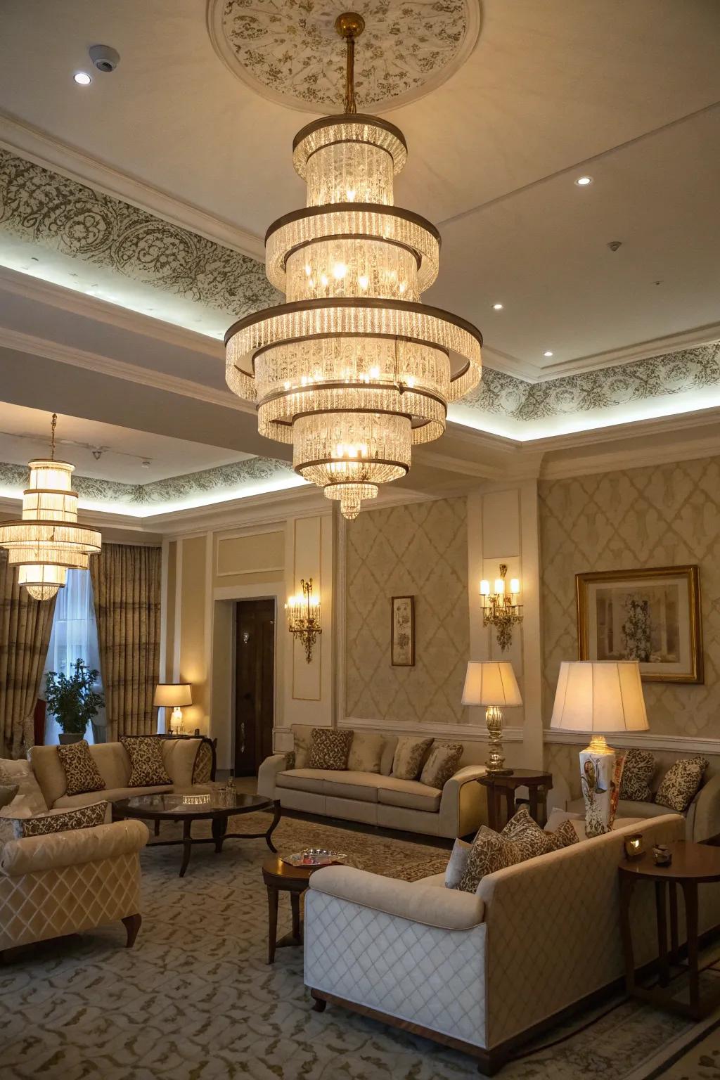 Multilayered illumination using ornate lights adds depth and coziness.