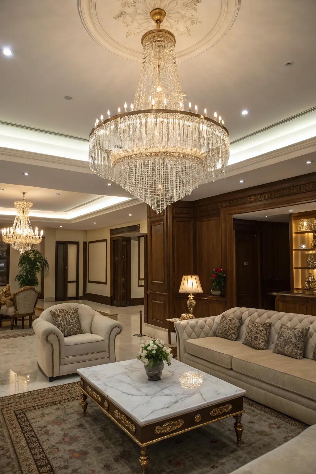 An opulent living room featuring a majestic crystal chandelier as the focal point.