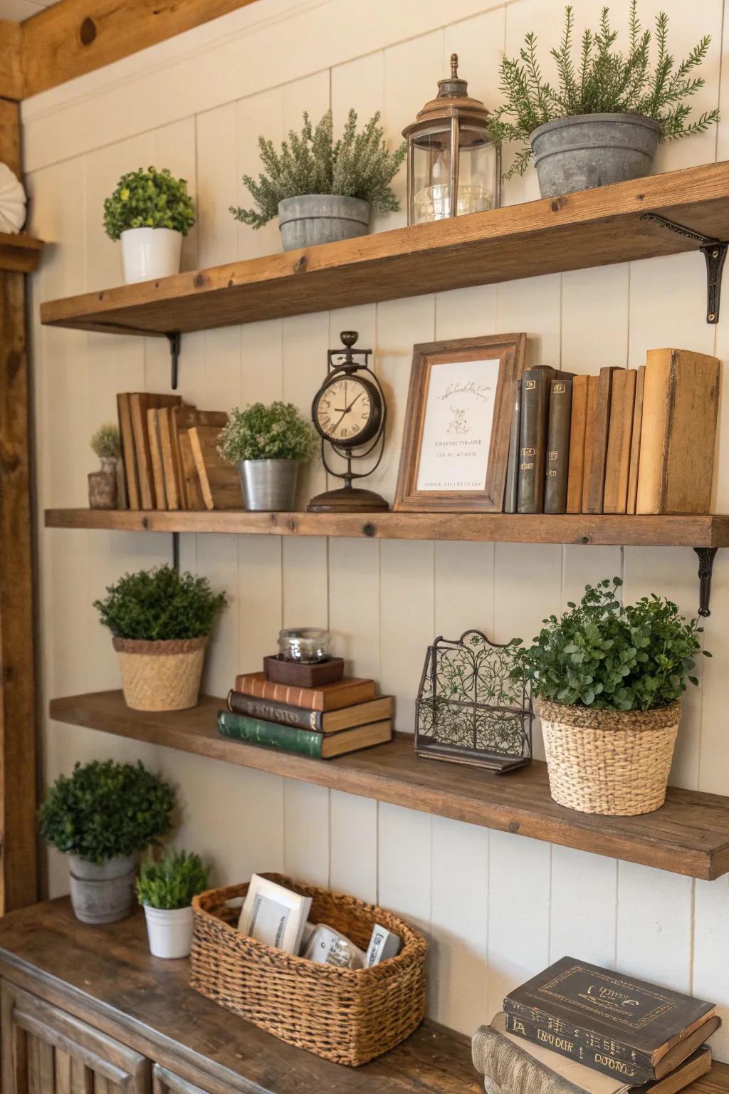 Wooden shelves provide a rustic accent and useful storage.