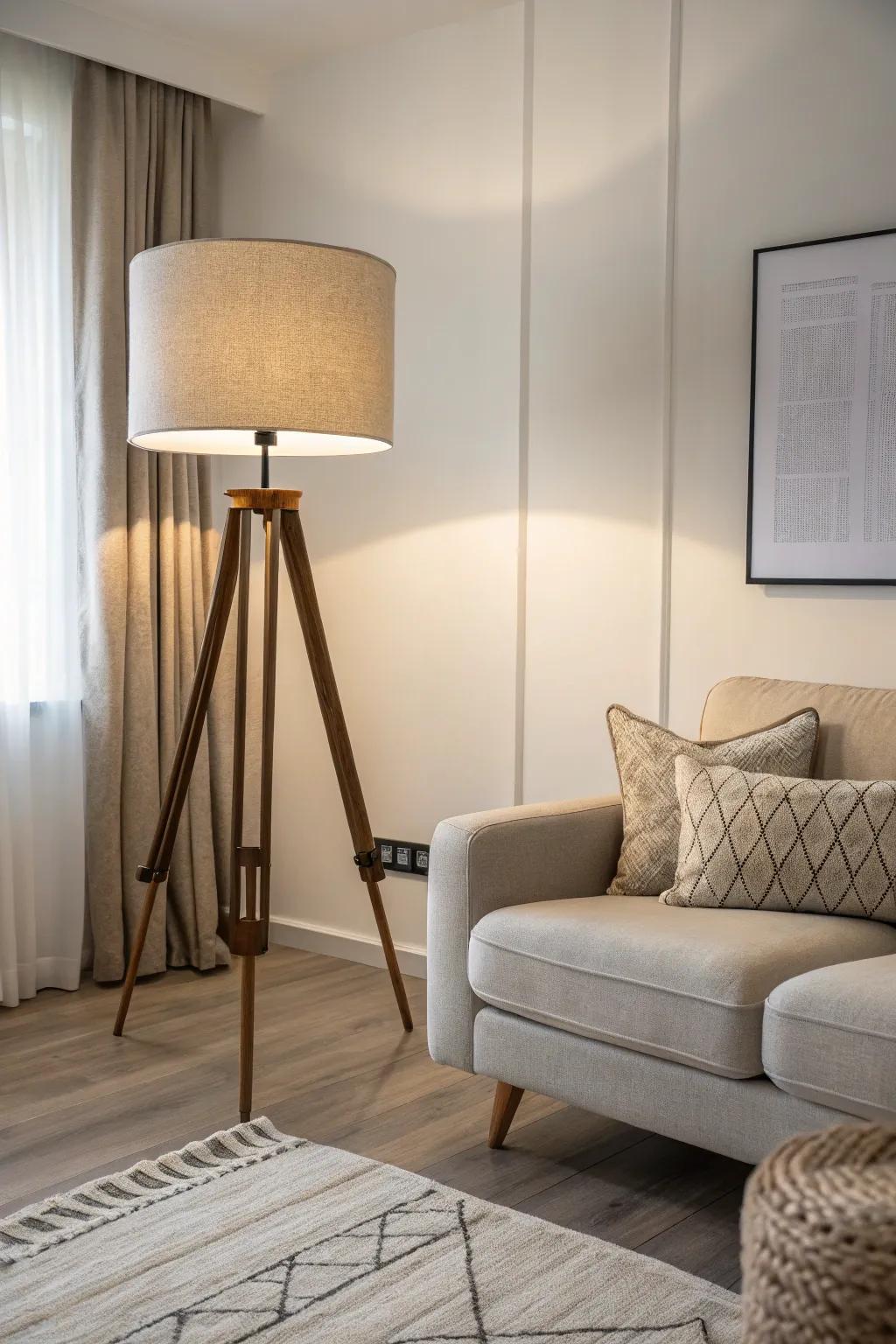 A simple living room featuring a stylish three-legged floor lamp.