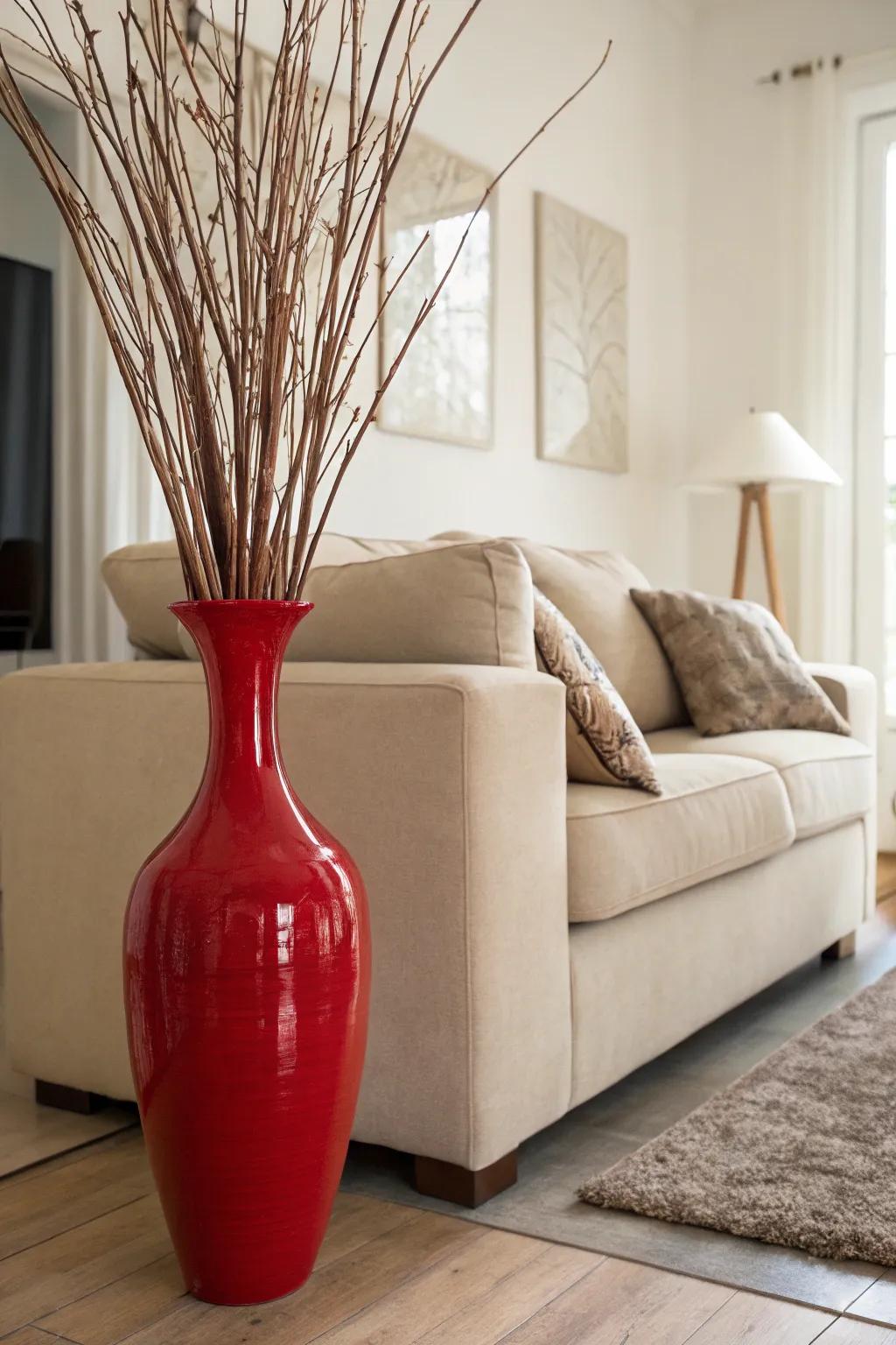 A lively crimson floor vase makes an impressive statement within a living area decorated in neutral tones.